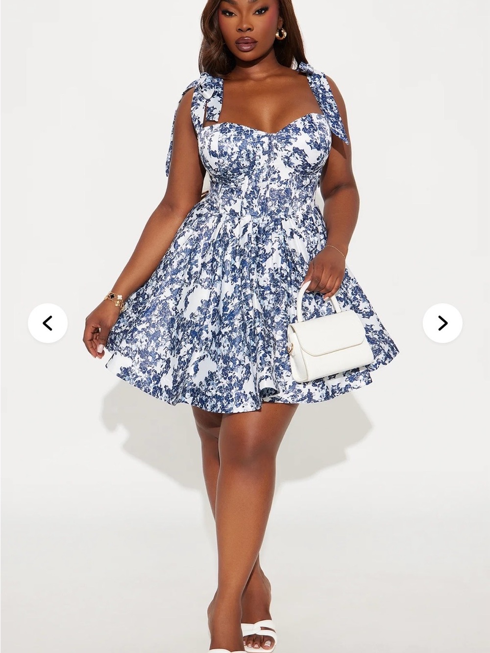 Fashion Nova White & Navy Floral Tie-Strap Mini Dress